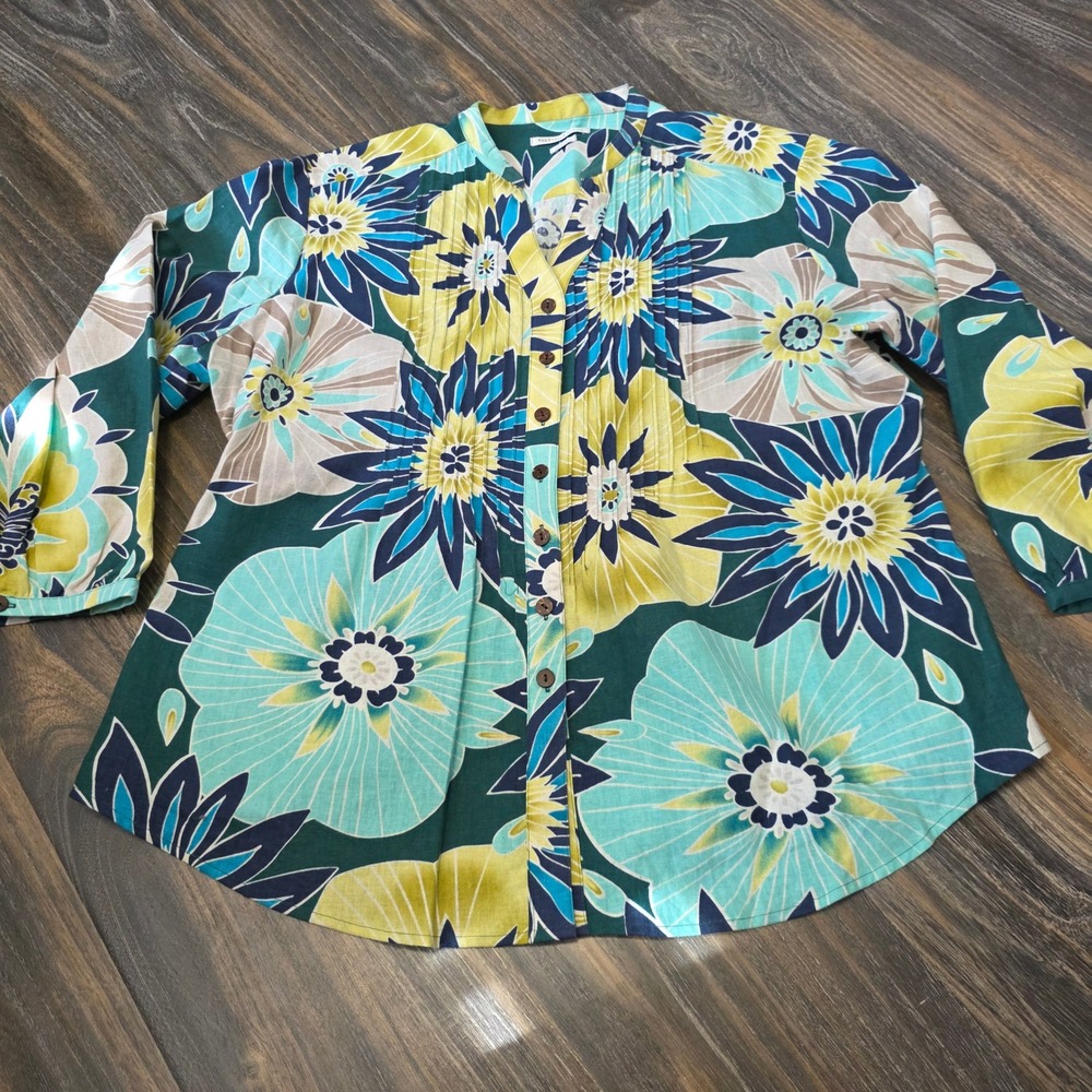 Van Heusen Studio Womens XL Linen Blend Floral Pintuck Tunic Blouse Teal Green
